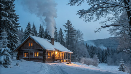 Уютная хижина излучает тепло на фоне заснеженного пейзажа. Генеративный искусственный интеллект - RomanZ