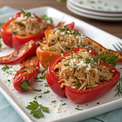 Аппетитные фаршированные перцы с карамелизированным красным перцем и курицей на тарелке. Генеративный ИИ - RomanZ