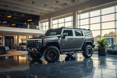 Внедорожник Hummer представлен в современном выставочном зале. Генеративный искусственный интеллект - RomanZ