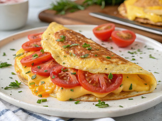 Вкусный омлет с сыром и помидорами, поданный на тарелке со свежей зеленью. Генеративный искусственный интеллект - RomanZ