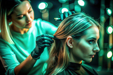 Beauty Specialist Expertly Colors Client’s Hair in Vibrant Salon Setting. Generative AI - RomanZ