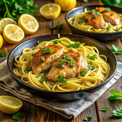 Вкуснейшее куриное филе в чесночном масле, подаваемое на подушке из спагетти со свежей зеленью. Генеративный искусственный интеллект - RomanZ