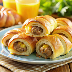 Вкусные булочки с колбасками на завтрак, подаваемые на синей тарелке. Генеративный искусственный интеллект - RomanZ