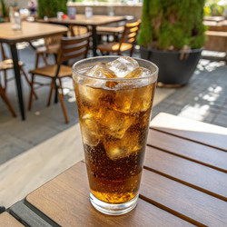 Refreshing Fizzy Drink Served on a Sunny Patio in a Bustling Café. Generative AI - RomanZ