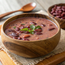 Вкусный ямайский фасолевый суп светло-фиолетового цвета в деревянной миске. Генеративный ИИ - RomanZ