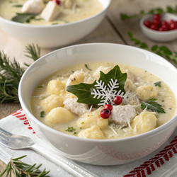 Вкусный суп с куриными ньокками, подаваемый с праздничным украшением. Генеративный искусственный интеллект - RomanZ