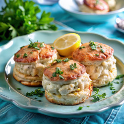Кулинарный шедевр: бисквиты с начинкой из крабового мяса, сервированные с лимоном и травами. Генеративный искусственный интеллект - RomanZ