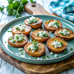Вкусный запеченный сладкий картофель с травами и сыром на деревянном блюде. Генеративный ИИ - RomanZ
