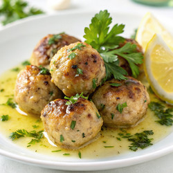 Вкусные фрикадельки из курицы пикката со свежей зеленью и дольками лимона. Генеративный искусственный интеллект - RomanZ