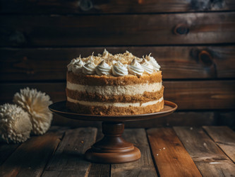 Вкусный кокосовый торт, красиво представленный на весах. Генеративный ИИ - RomanZ