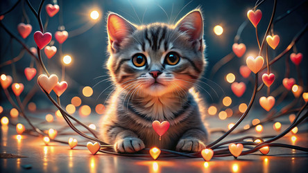 Озорной кот Kittrz стандартной шкалы размера среди светящихся сердечек. Генеративный ИИ - RomanZ