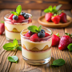 Вкусный многослойный десерт со свежими ягодами на деревянном столе. Генеративный искусственный интеллект - RomanZ