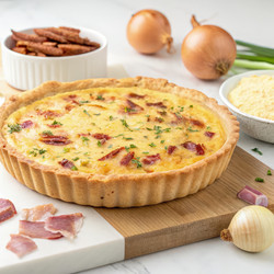 Вкусный киш лорен, приготовленный из свежих ингредиентов на кухонном столе. Генеративный искусственный интеллект - RomanZ