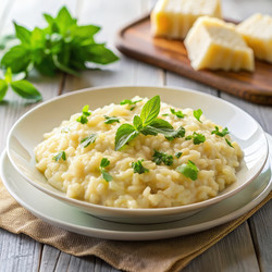 Сливочное ризотто с пармезаном, украшенное свежей зеленью, на деревенском столе. Генеративный искусственный интеллект - RomanZ