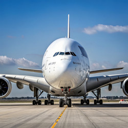 Самолет Airbus взлетает с взлетной полосы под ясным голубым небом. Генеративный искусственный интеллект - RomanZ