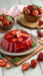 Красочный красный желатиновый десерт со свежей клубникой и мятой. Генеративный искусственный интеллект - RomanZ