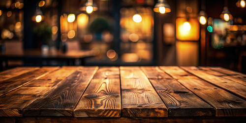 Rustic Wooden Table Illuminated by Warm Lights in Café. Generative AI - RomanZ