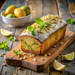 Вкусный фисташковый торт со свежей мятой и цитрусовыми, выставленный на деревенском деревянном столе. Генеративный ИИ - RomanZ