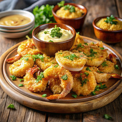 Вкуснейшее блюдо из хрустящих жареных креветок с соусами и гарнирами. Генеративный искусственный интеллект - RomanZ