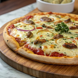 Вкусная пицца на деревянной доске с начинкой подается в местном кафе. Генеративный искусственный интеллект - RomanZ