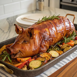 Вкуснейшая целая жареная свинья с яркими овощами, поданная на деревенской доске. Генеративный искусственный интеллект - RomanZ