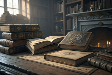 Старинные книги на деревянном столе возле камина в библиотеке. Генеративный искусственный интеллект - RomanZ
