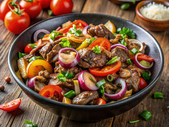 Вкусное жареное мясо с черным перцем, грибами и яркими овощами. Генеративный искусственный интеллект - RomanZ