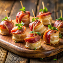 Вкусные закуски, завернутые в бекон, на деревянном блюде. Генеративный искусственный интеллект - RomanZ