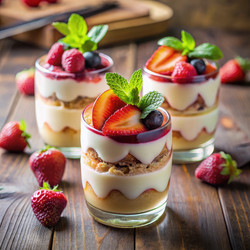 Вкусные десерты в стаканчиках со свежими фруктами и кремом. Генеративный искусственный интеллект - RomanZ