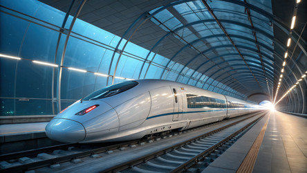 Сверкающая серебристая капсула Hyperloop в футуристическом транспортном тоннеле. Генеративный ИИ - RomanZ