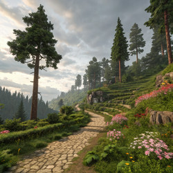 Реалистичный ландшафт Minecraft с извилистой тропой, пролегающей сквозь пышную зелень и цветы. Генеративный ИИ - RomanZ