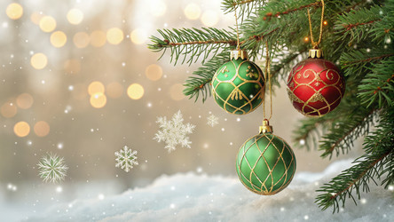 Праздничные еловые ветки, украшенные красочными орнаментами, для празднования Нового года. Генеративный ИИ - RomanZ