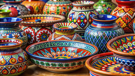 Яркий крупный план традиционной керамики, демонстрирующий замысловатые узоры и цвета. Генеративный искусственный интеллект - RomanZ