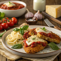 Вкусно сервированная курица пармезан со спагетти и свежими ингредиентами на витрине. Генеративный искусственный интеллект - RomanZ