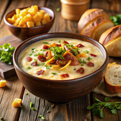 Вкусная тарелка сливочного супа с беконом и зеленью на деревянном столе. Генеративный искусственный интеллект - RomanZ