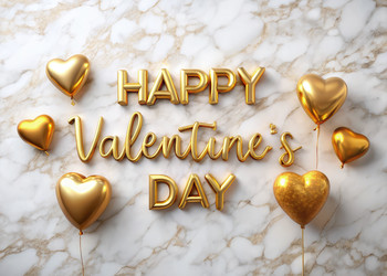 Happy Valentine’s Day With Gold Text and Heart-Shaped Balloons. Generative AI - RomanZ