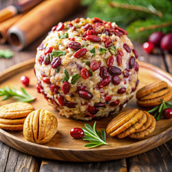 Сырный шарик с клюквой и орехами пекан, подается с крекерами на деревянном блюде. Генеративный искусственный интеллект - RomanZ