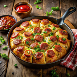 Вкусные запеченные сосисочные рулетики с соусами для макания, подаваемые в уютной обстановке. Генеративный искусственный интеллект - RomanZ