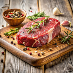 Свежий кусок мяса со специями на деревянной доске в деревенской кухне. Генеративный искусственный интеллект - RomanZ
