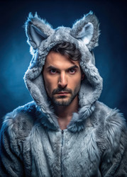 Человек в сером костюме Wolfrz стандартного масштаба, эффектно позирующий на синем фоне. Генеративный ИИ - RomanZ