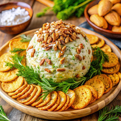 Сырный шарик с маринованными огурцами, поданный на деревянном блюде с крекерами. Генеративный искусственный интеллект - RomanZ