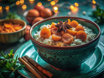 Вкусный рисовый пудинг с сушеными абрикосами и корицей на десерт. Генеративный искусственный интеллект - RomanZ