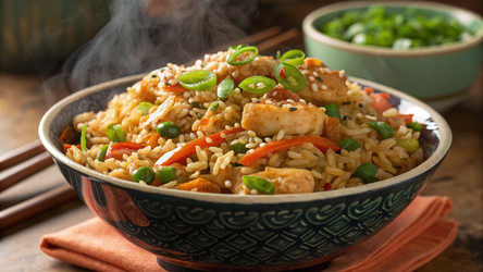 Вкусный жареный рис с курицей и овощами в декоративной миске. Генеративный искусственный интеллект - RomanZ