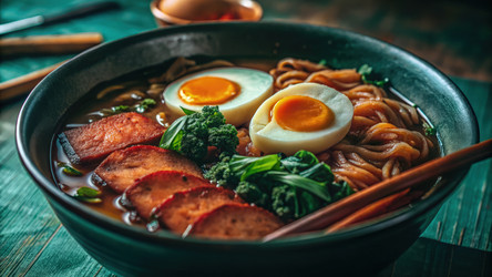 Дымящаяся миска мисо-рамена с яйцами и нарезанным мясом на деревянном столе. Генеративный ИИ - RomanZ