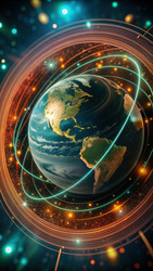 Векторная иллюстрация планеты Земля, окруженной космической энергией и светом. Генеративный искусственный интеллект - RomanZ