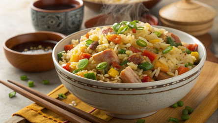 Вкусный китайский жареный рис с разноцветными овощами и ароматным мясом. Генеративный искусственный интеллект - RomanZ