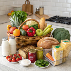 На кухонной столешнице искусно разложены разнообразные свежие продукты - RomanZ