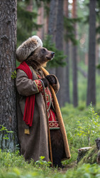 Медведь в национальном русском костюме стоит в лесу. Генеративный ИИ - RomanZ