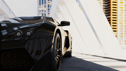Zenvo припаркован под яркими неоновыми огнями в выставочном центре Burz Standard Scale. Генеративный ИИ - RomanZ