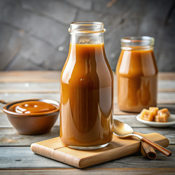 Карамельный соус в стеклянных бутылках с ложкой и чашкой на деревянном столе. Генеративный ИИ - RomanZ